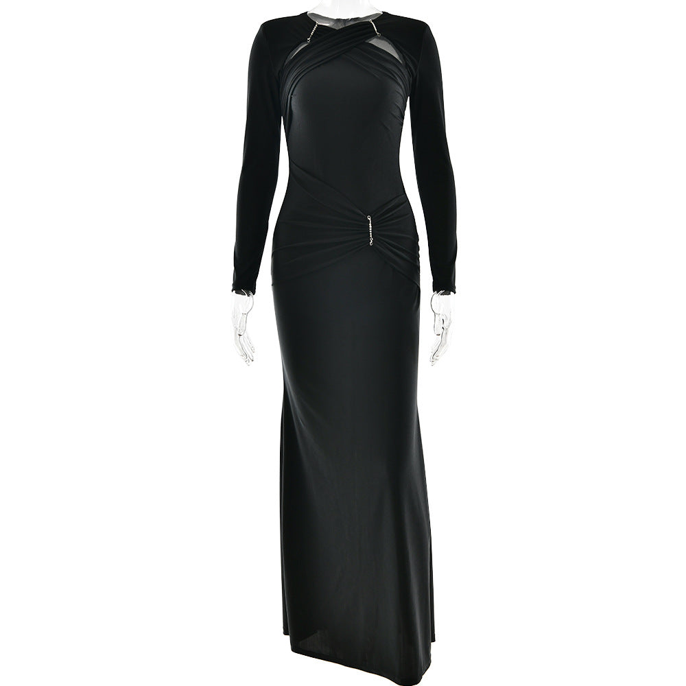 Dress Women round Neck Long Sleeve Sexy Slim Pleated Maxi Dress Elegant Dress