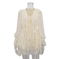 Fall French Design Ruffled Tied Dress Women V Neck Long Sleeve A Line Dress