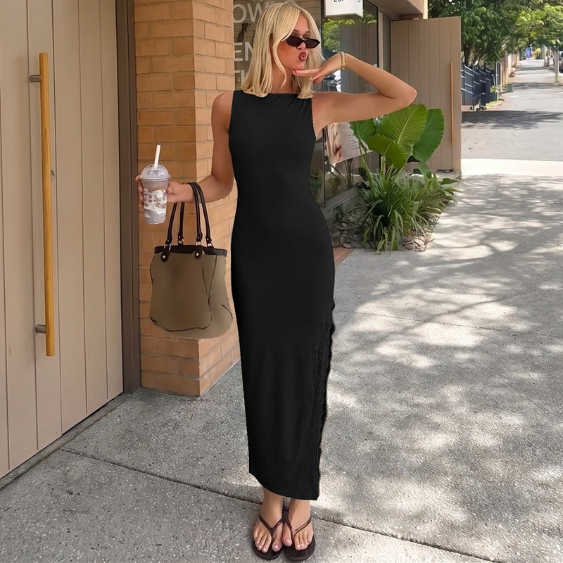 Women Clothing Summer Lace Split Dress Sexy Backless Sleeveless Dress