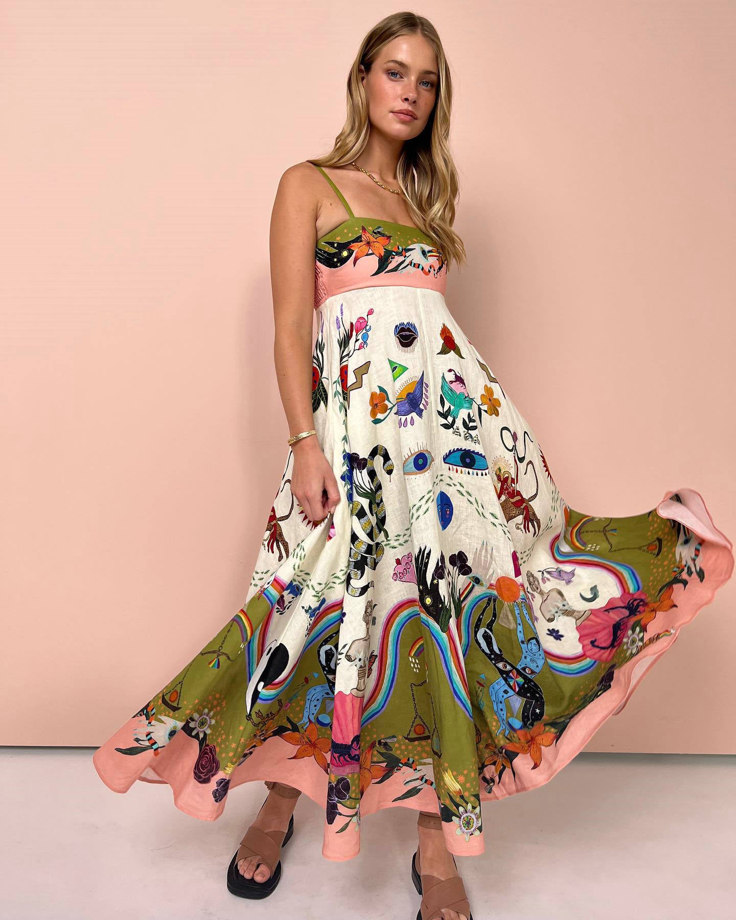 Sexy Women Clothing Cotton Linen Sleeveless Graffiti Printing Sleeveless Swing Dress Amplified craft