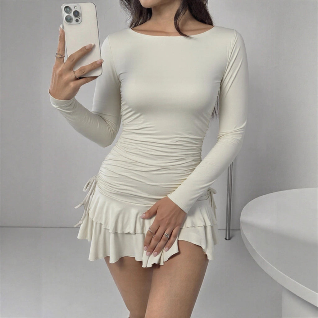 Sexy Slim Long Sleeve Tiered Dress Drawstring Graceful Fashionable Women Short Dress