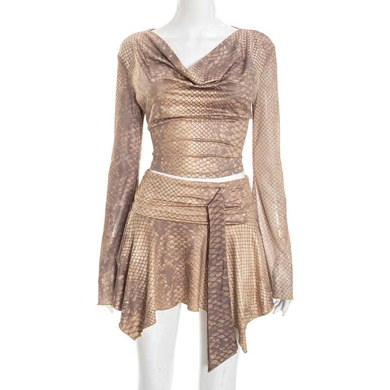 Women Clothing Autumn Winter Snake Pattern Printed Long Sleeved Top Slim Ribbon Skirt Outfit