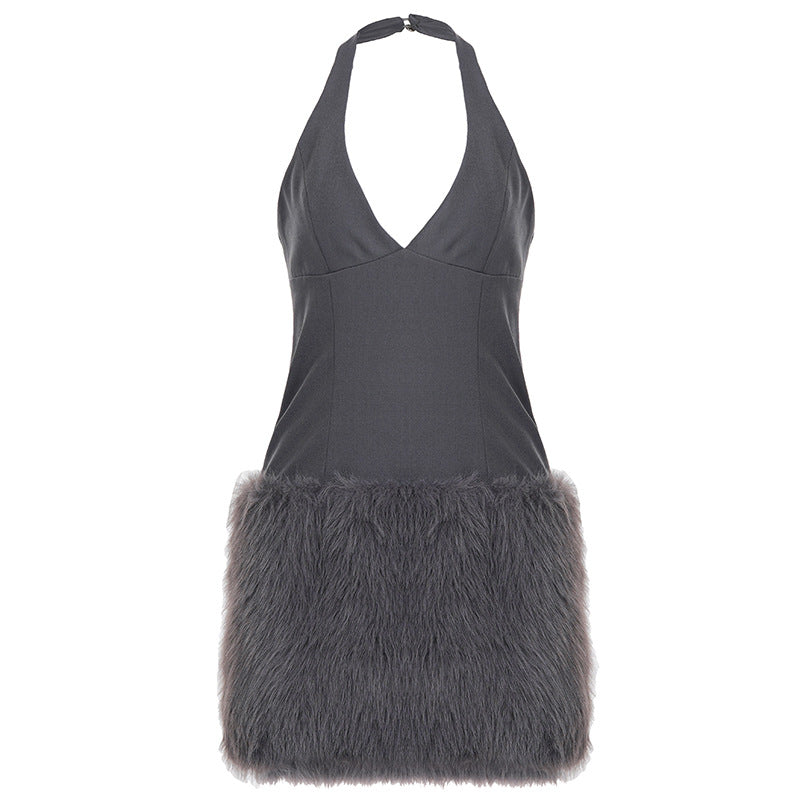 Sexy Halter V neck Furry Dress Tight Sexy Waist Plush Hip Dress