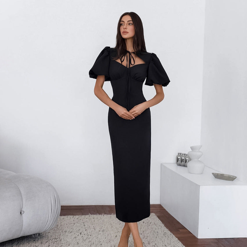 Summer Elegant Sexy Puff Sleeve Lace up Slim Fit Short Sleeve Dress Women