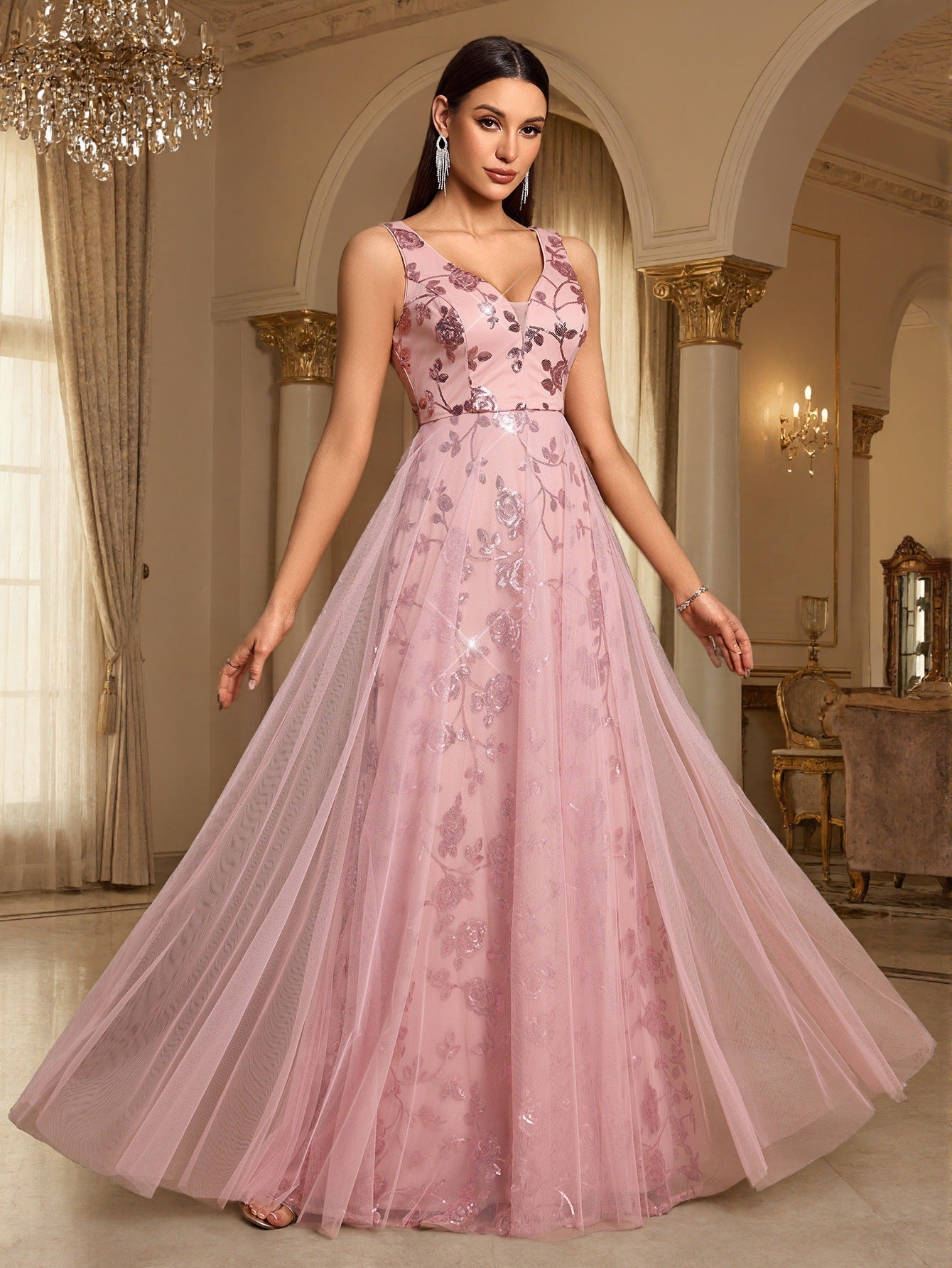 Sexy Deep V Plunge neck Large Swing Evening Dress Elegant Sexy Strap Pattern Sequin Gauze Dress Women