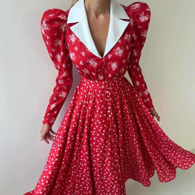 Contrast Color Design Collared Long Sleeve A line Women Waist Controlled Printed Large Swing Dress