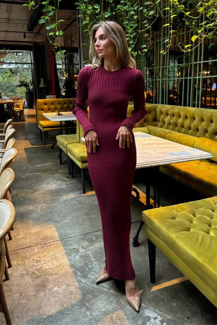 Long Sleeve Fall Winter Sweater Dress Women Knitted round Neck Sunken Stripe Solid Color Tight Dress Women