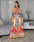 Fall Lapels Lantern Sleeve Waist Tight Ethnic Painted Printing Comfort Casual Maxi Dress Women