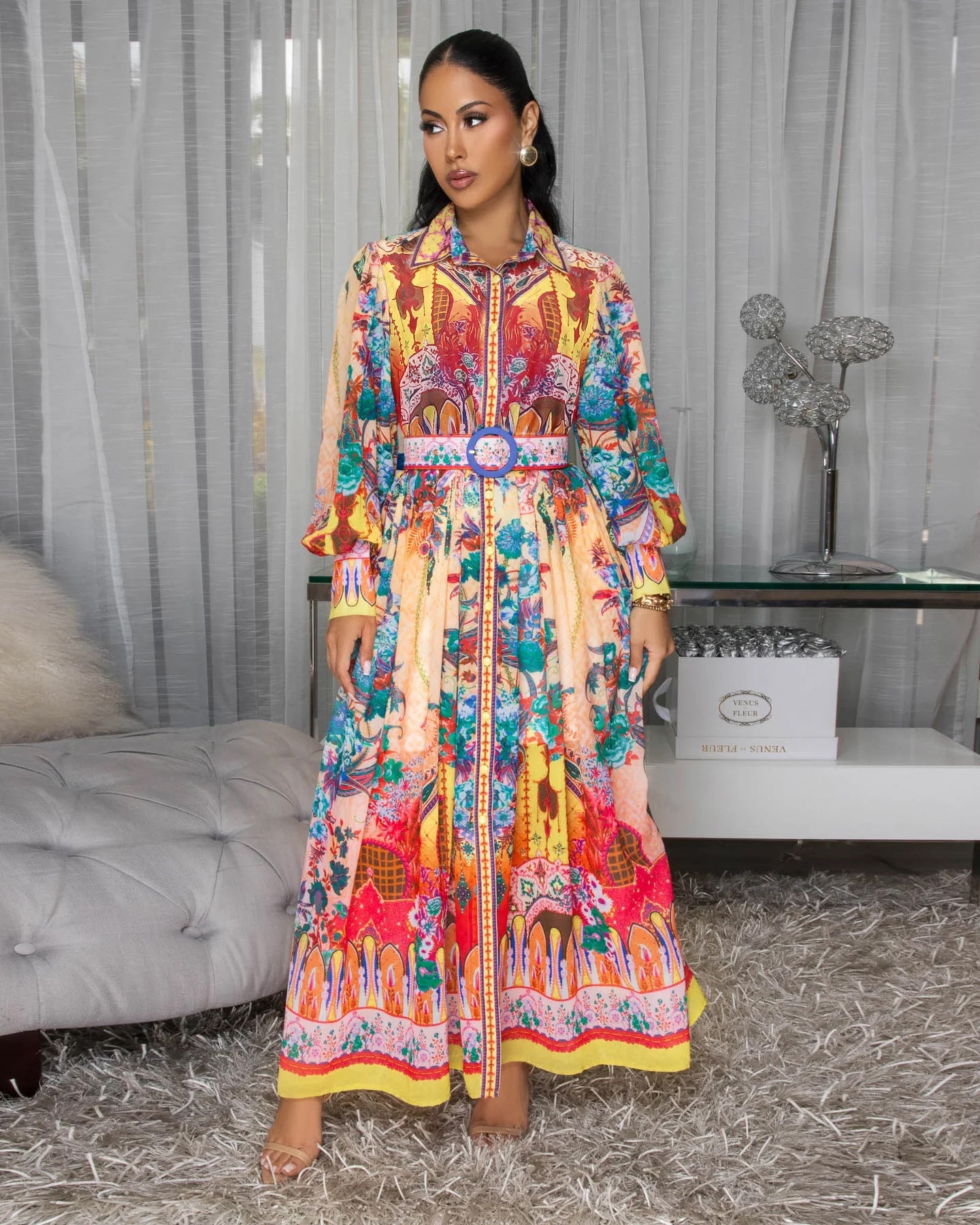 Fall Lapels Lantern Sleeve Waist Tight Ethnic Painted Printing Comfort Casual Maxi Dress Women