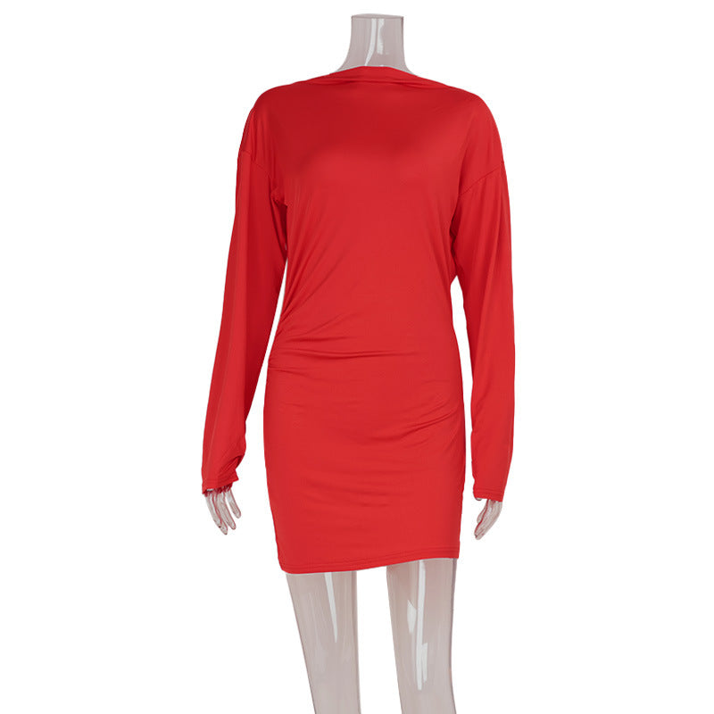 Red Women V Shaped Backless Elegant Socialite Solid Color Slim Dress Women
