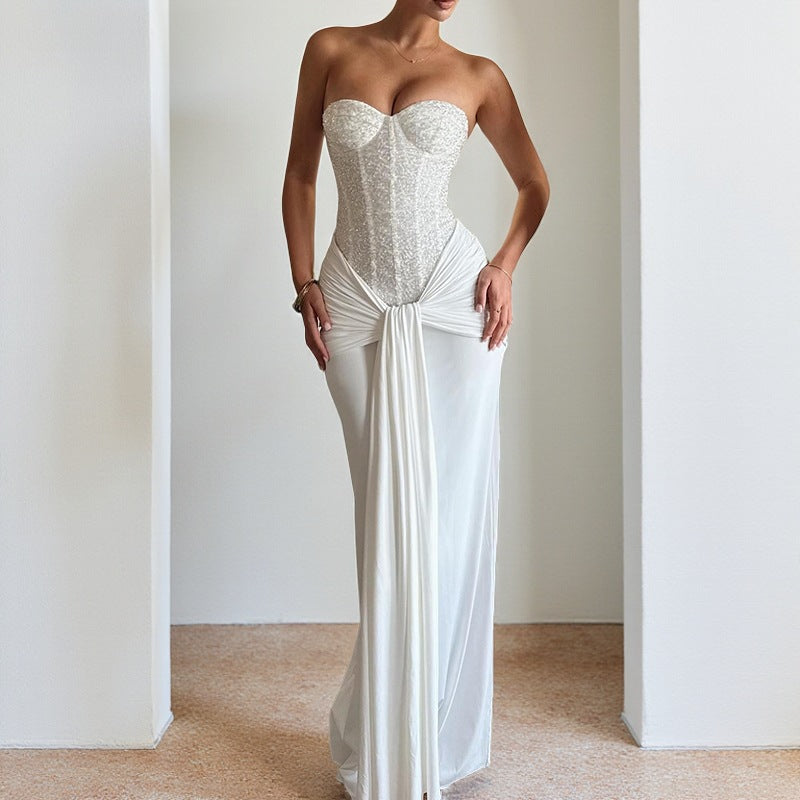 Women Evening Maxi Dress Waist Slimming Ribbon Tube Top Dress