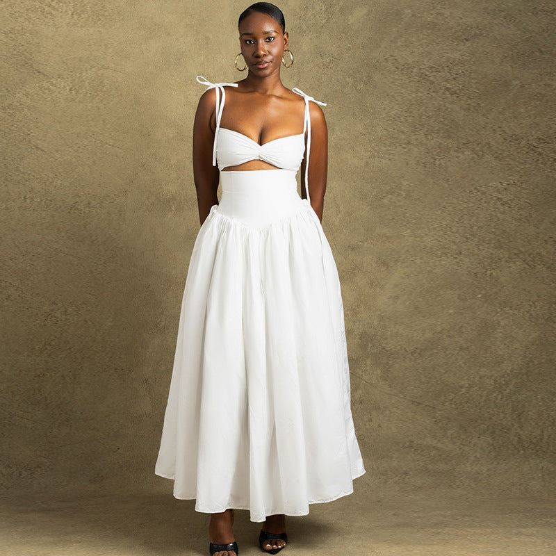 Women Clothing Solid Color Dress off the Shoulder Strap Sleeveless Large Dress