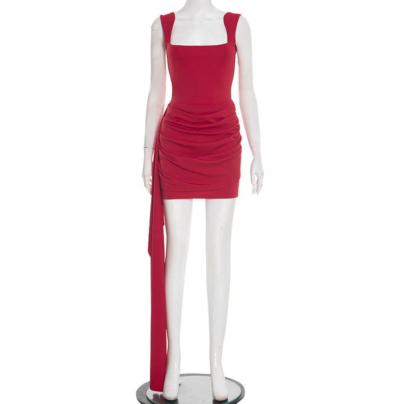 Women Clothing Spring Solid Color Square Collar Spaghetti Straps Sleeveless Ribbon Sheath Slim Fit Short Dress