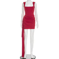 Women Clothing Spring Solid Color Square Collar Spaghetti Straps Sleeveless Ribbon Sheath Slim Fit Short Dress