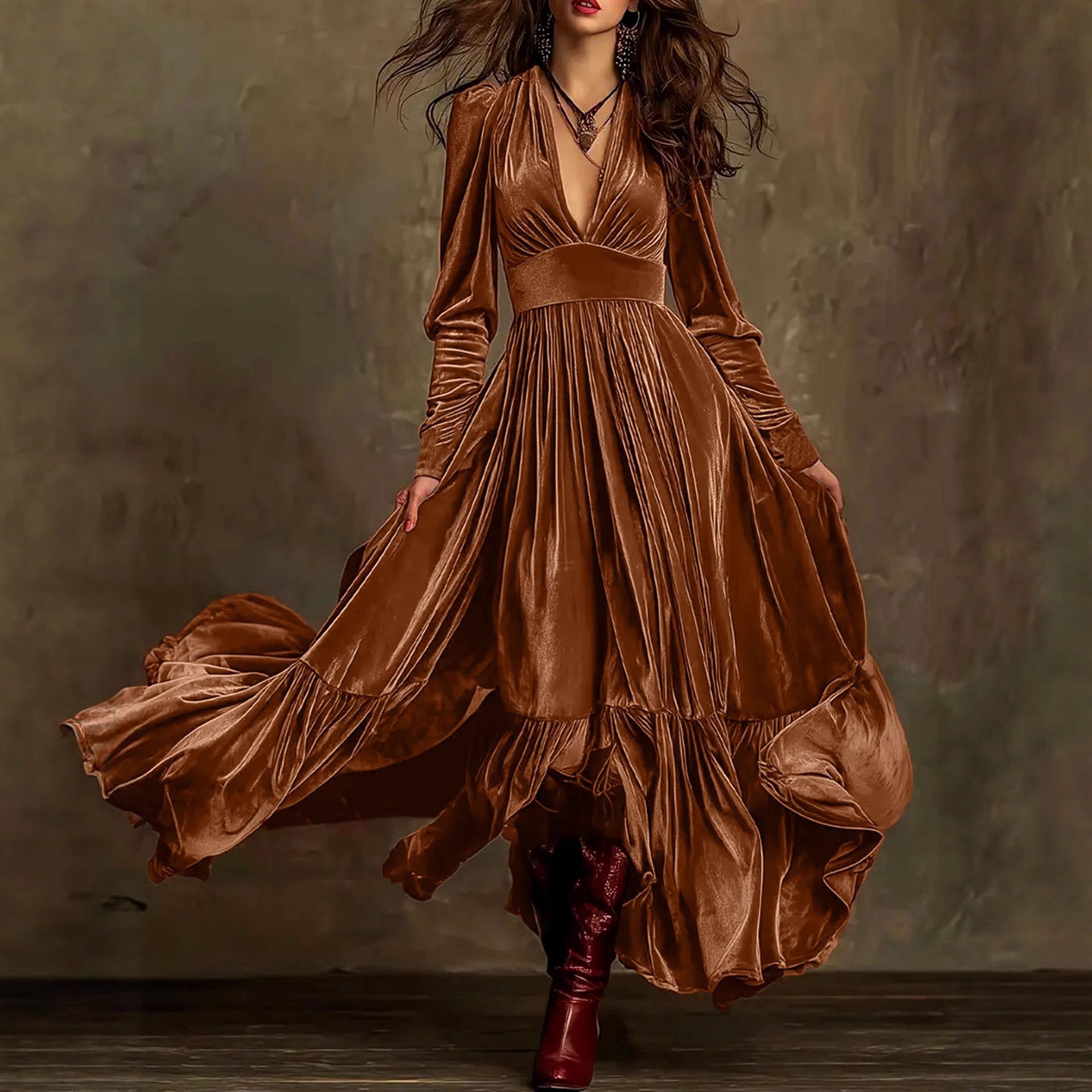 Autumn Winter Retro High Grade V neck Velvet Ruffled Large Swing Dress