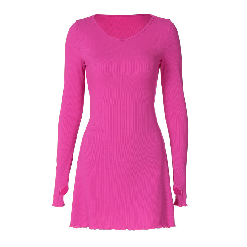 Women Clothing Autumn Winter Simple Solid Color Back Lace up Waist Controlled Dress