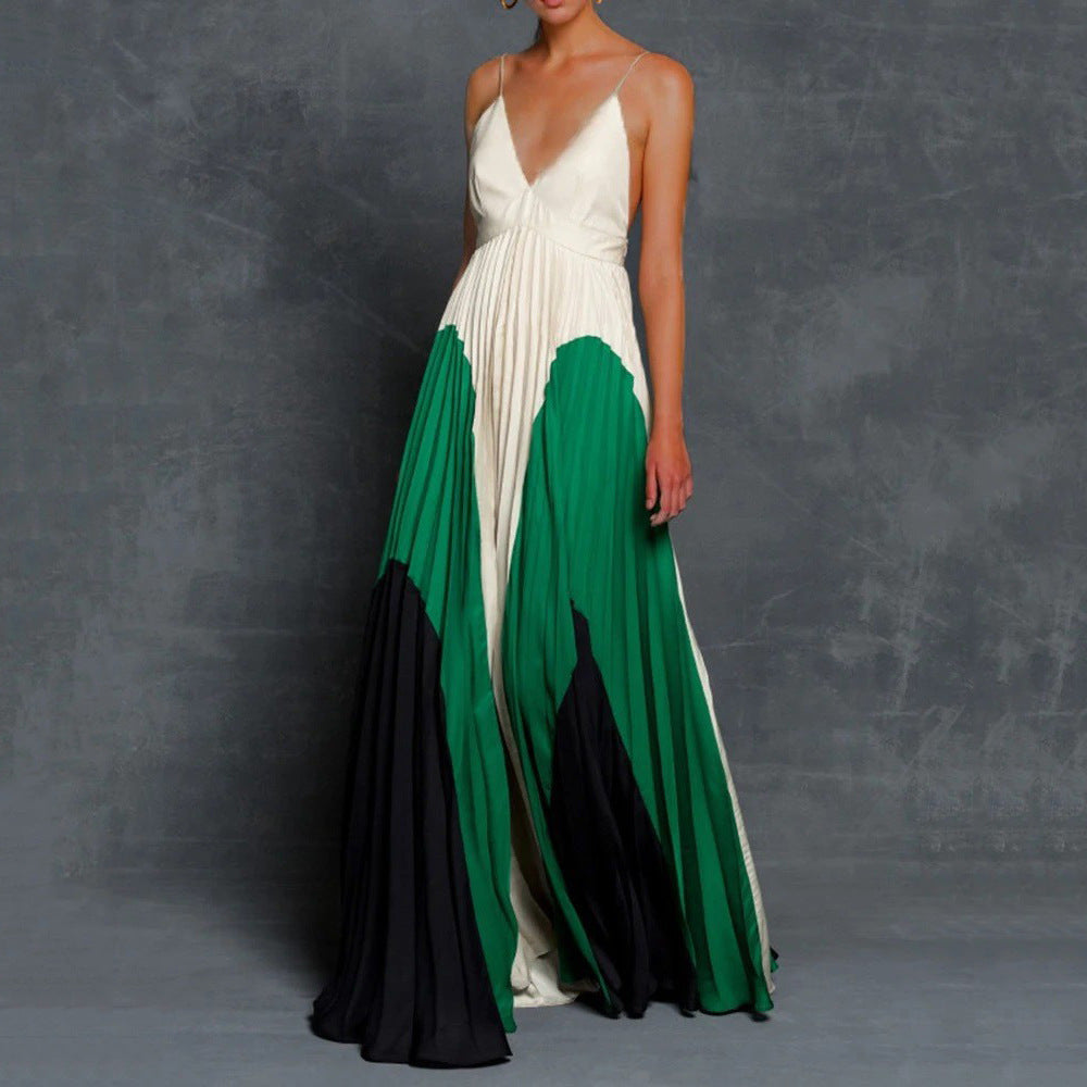 Summer Women Clothing Dress Slim Fit Slimming Long Color Matching Pleated Cami Dress Long