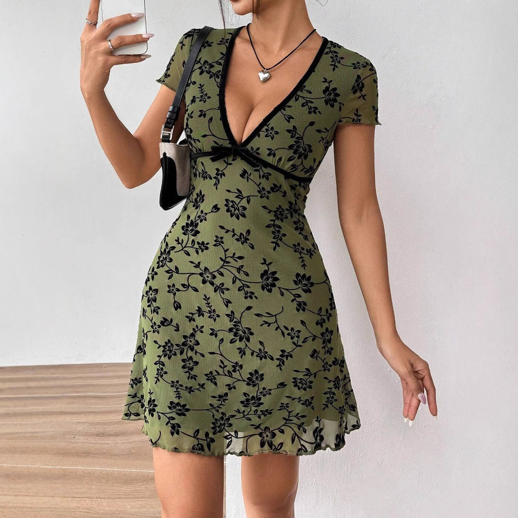 Summer Lady Sexy Floral Embroidered V neck Color Contrast Edge A line Dress