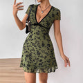 Summer Lady Sexy Floral Embroidered V neck Color Contrast Edge A line Dress
