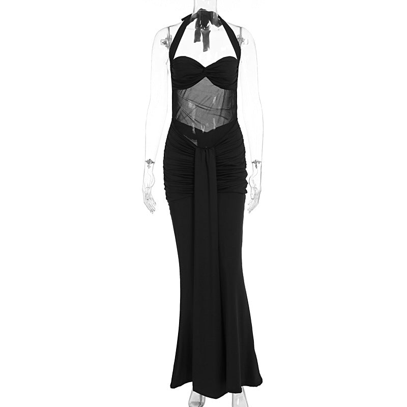 Women Clothing Summer Sexy Stitching See through Halter Dress