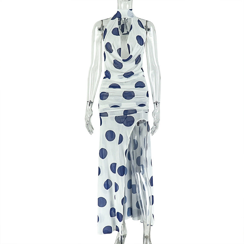 Black White Polka Dot Women Split Printed Street Asymmetric Dress Turtleneck Lace up Backless Dress