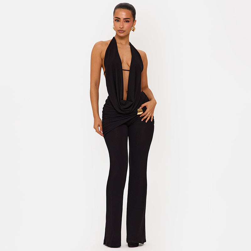 Women Clothing Winter Hanging Collar Backless Top Metal Buckle Bootcut Pants Two Piece Set