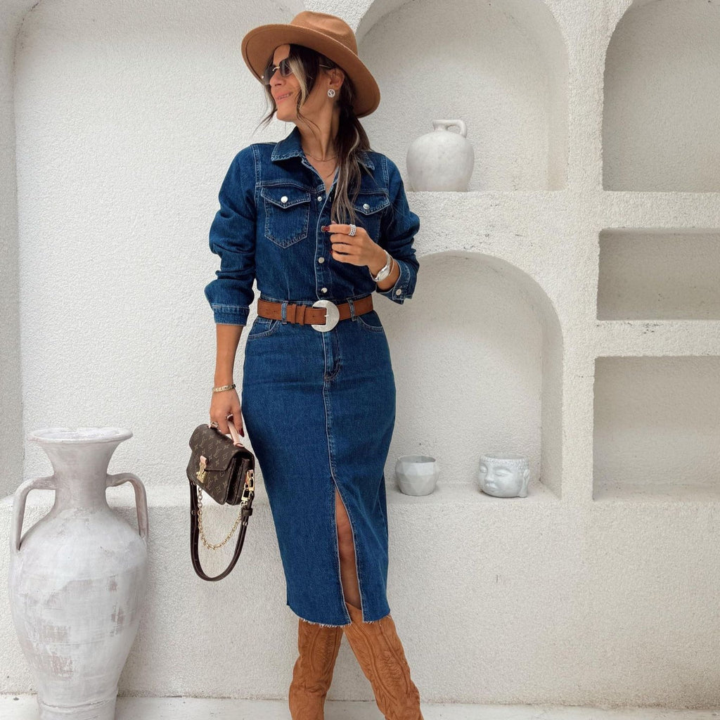 Casual Multi Button Long Sleeve Denim Mid Length Dress
