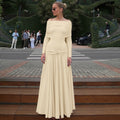 French Women Autumn off Neck Cinched Pleated Long Sleeve Dress