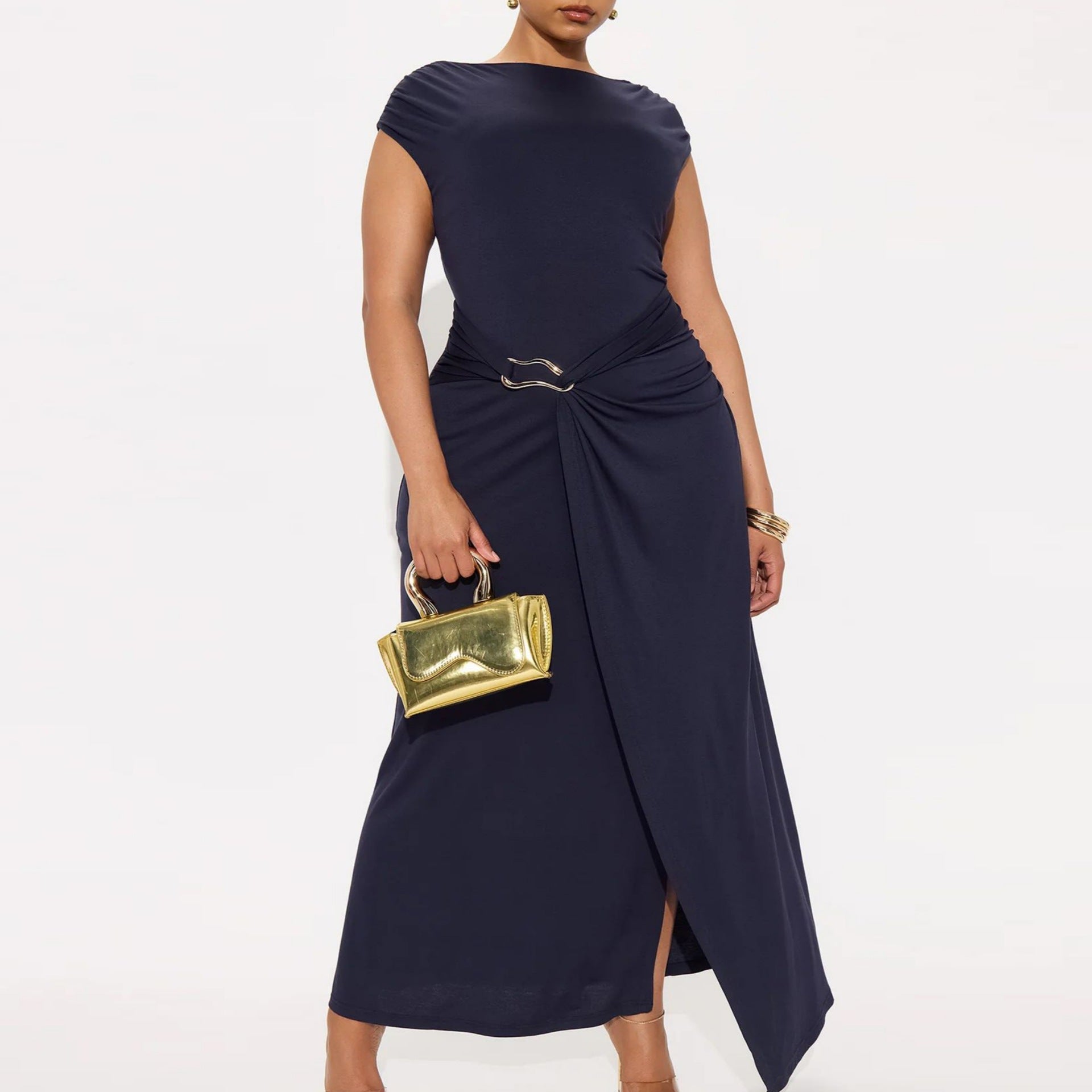 Summer Women Solid Color round Neck Slim Slimming Slit Dress