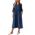 Women Clothing French Long Sleeve V neck Denim Maxi Dress