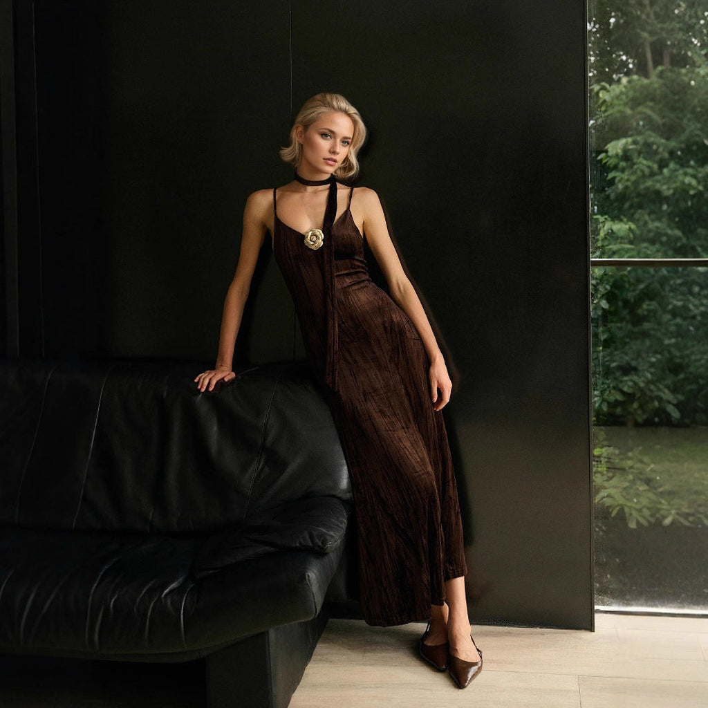 Cocktail Retro Brown Lace up with Corsage Decoration Velvet Pleated Sexy Cami Dress