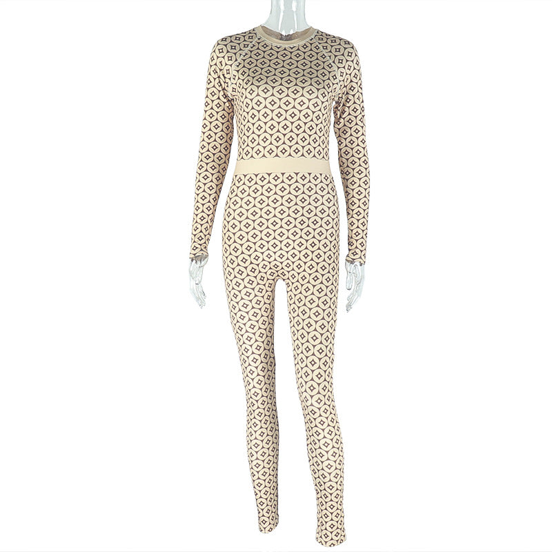 Casual Home Women Slim Fit Elastic Waist Tightening Jumpsuit Print round Neck Long Sleeve Jumpsuit