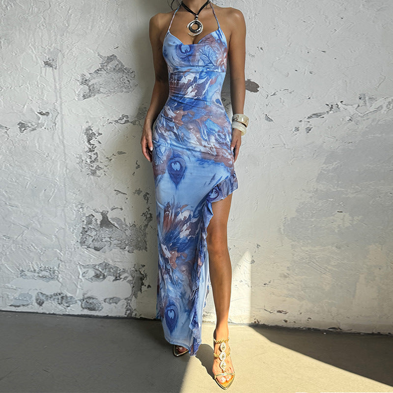 Pocket Collar Print Holiday Dress Spring Summer Sleeveless Split Maxi Dress