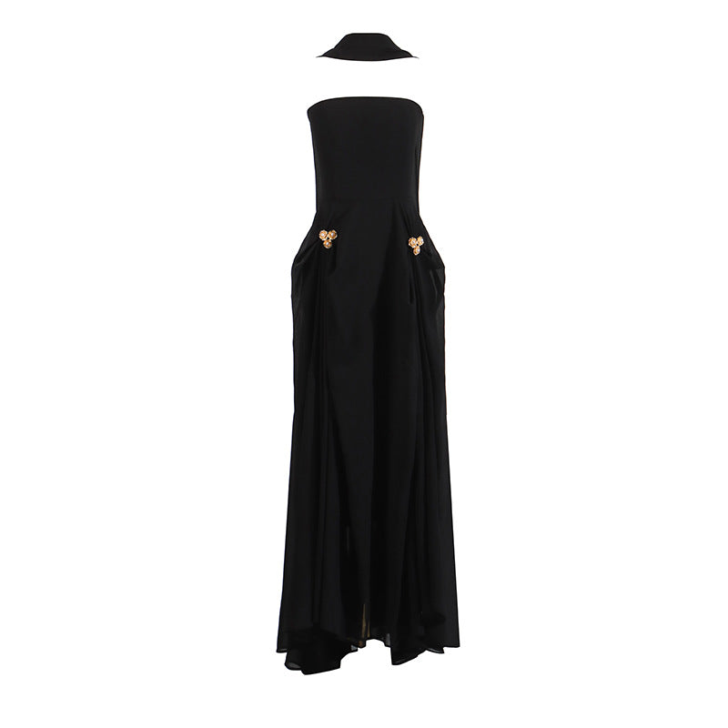 Elegant Autumn Slim Tube Top Twisted Buckle Ribbon Dress