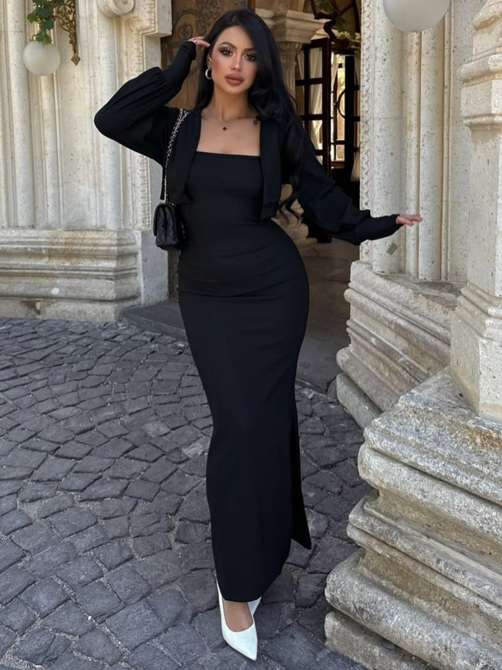 Women Autumn Long Sleeve Top Sexy Pure Want Sheath Dress Two Piece Sets