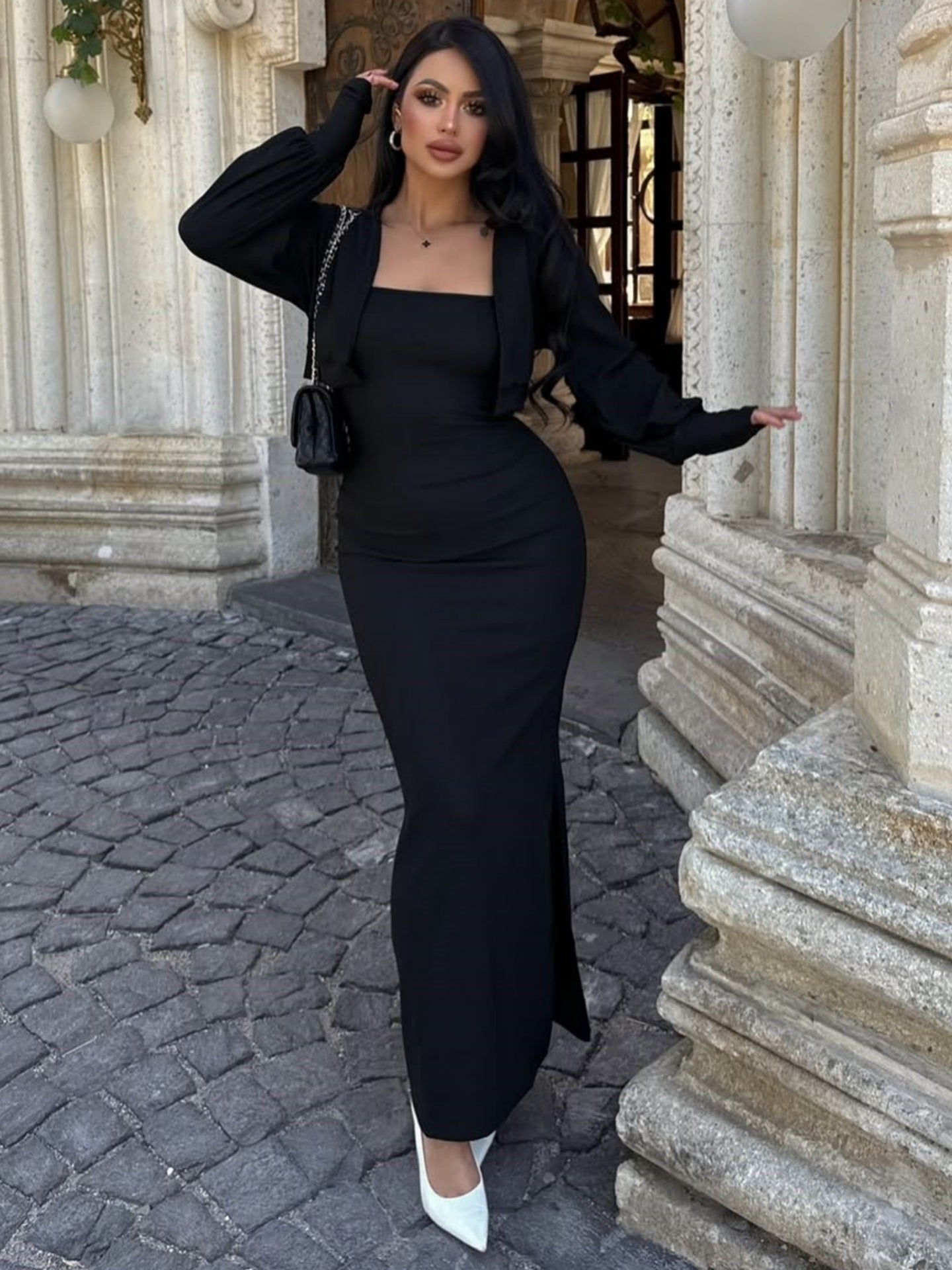 Women Autumn Long Sleeve Top Sexy Pure Want Sheath Dress Two Piece Sets
