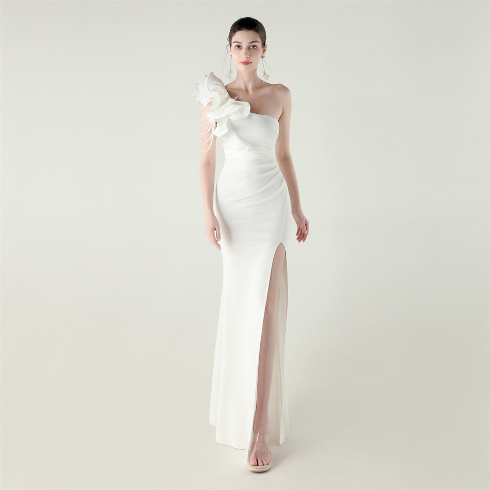 Single Shoulder Craft Beaded Nail Hair Wave Floral Satin High Slit Sexy Evening Dress Evening Cocktail Wedding
