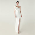 Single Shoulder Craft Beaded Nail Hair Wave Floral Satin High Slit Sexy Evening Dress Evening Cocktail Wedding