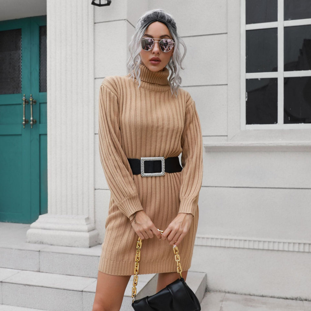 High Collar Sweater Dress Women Knitted Short Dress Autumn Winter Women Clothing
