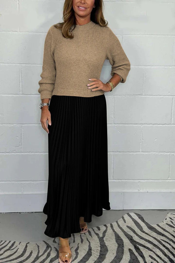 New Autumn Winter Women round Neck Top Sunken Stripe Pleated Dress