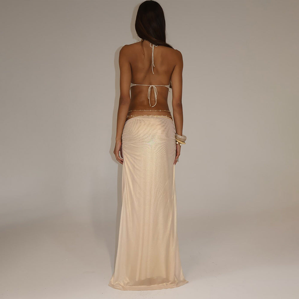 Summer Solid Color Street Hipster Deep V Plunge Halter Backless Slim Fit Dress