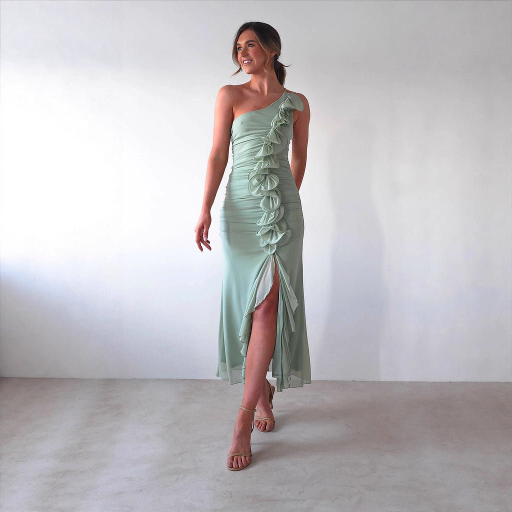 Summer Slant Shoulder Sexy Pleated High Slit Slim Fit Dress