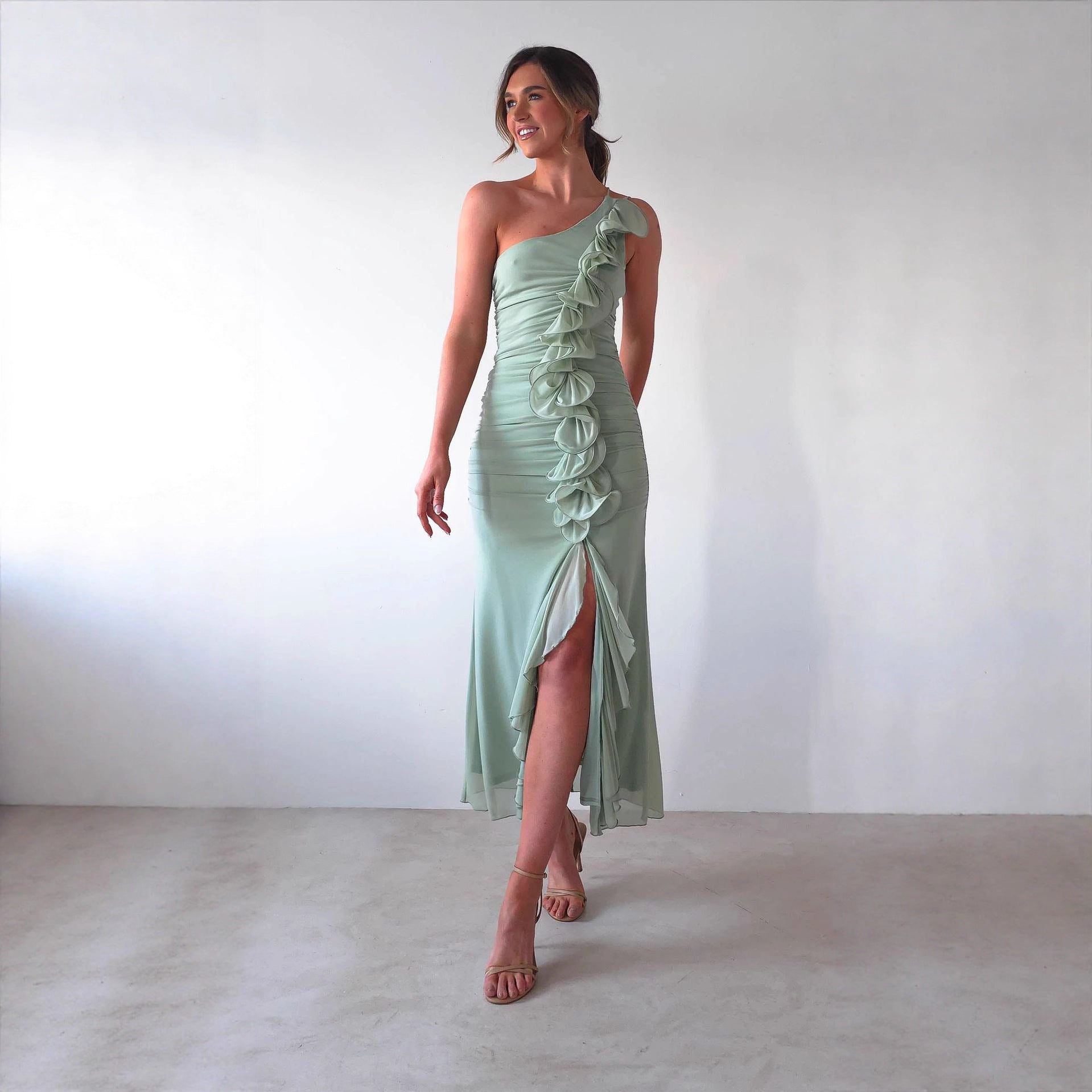Summer Slant Shoulder Sexy Pleated High Slit Slim Fit Dress