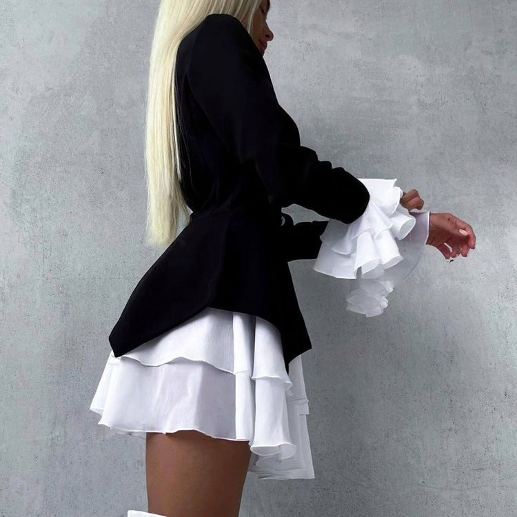 Women Clothing Black White Color Contrast Short Dress V neck Flared Sleeves Elegant A line Dress