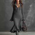 Fall Winter Sexy Zipper Collared Design Bell Sleeve Fishtail Dress Women