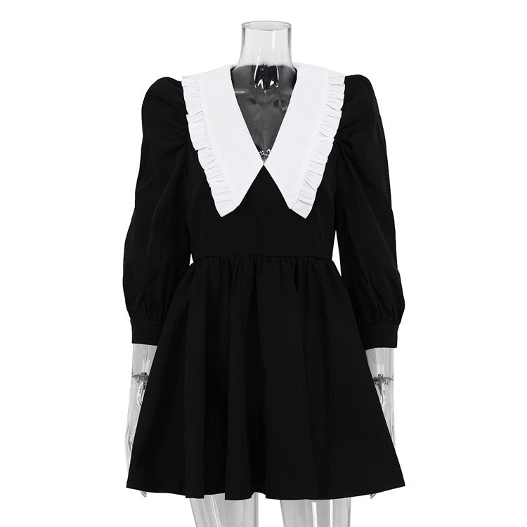 Spring Autumn French Black White Contrast Color Doll Collar Short Dress Women Elegant Pleated A line Dress