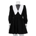 Spring Autumn French Black White Contrast Color Doll Collar Short Dress Women Elegant Pleated A line Dress