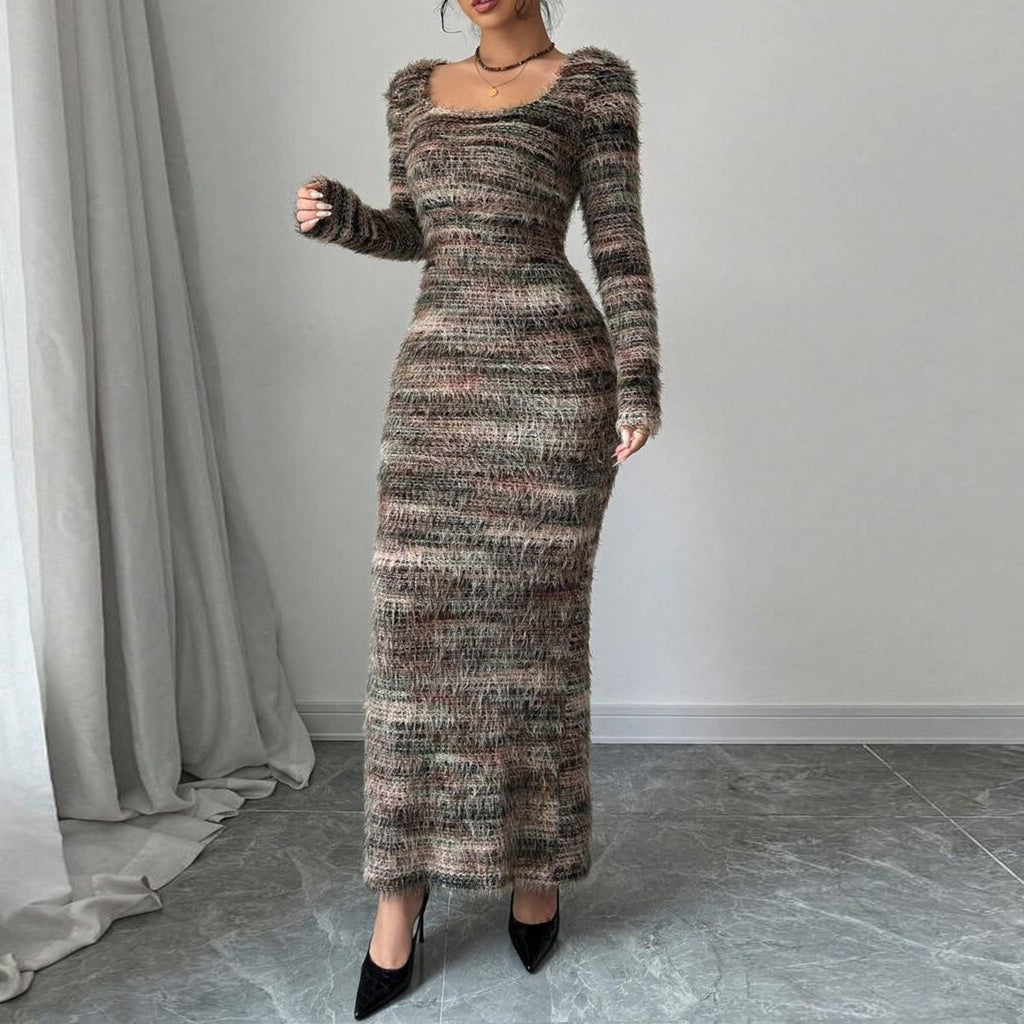 Autumn Slim Fit Slit round Neck Yarn Dyed Dress for Women