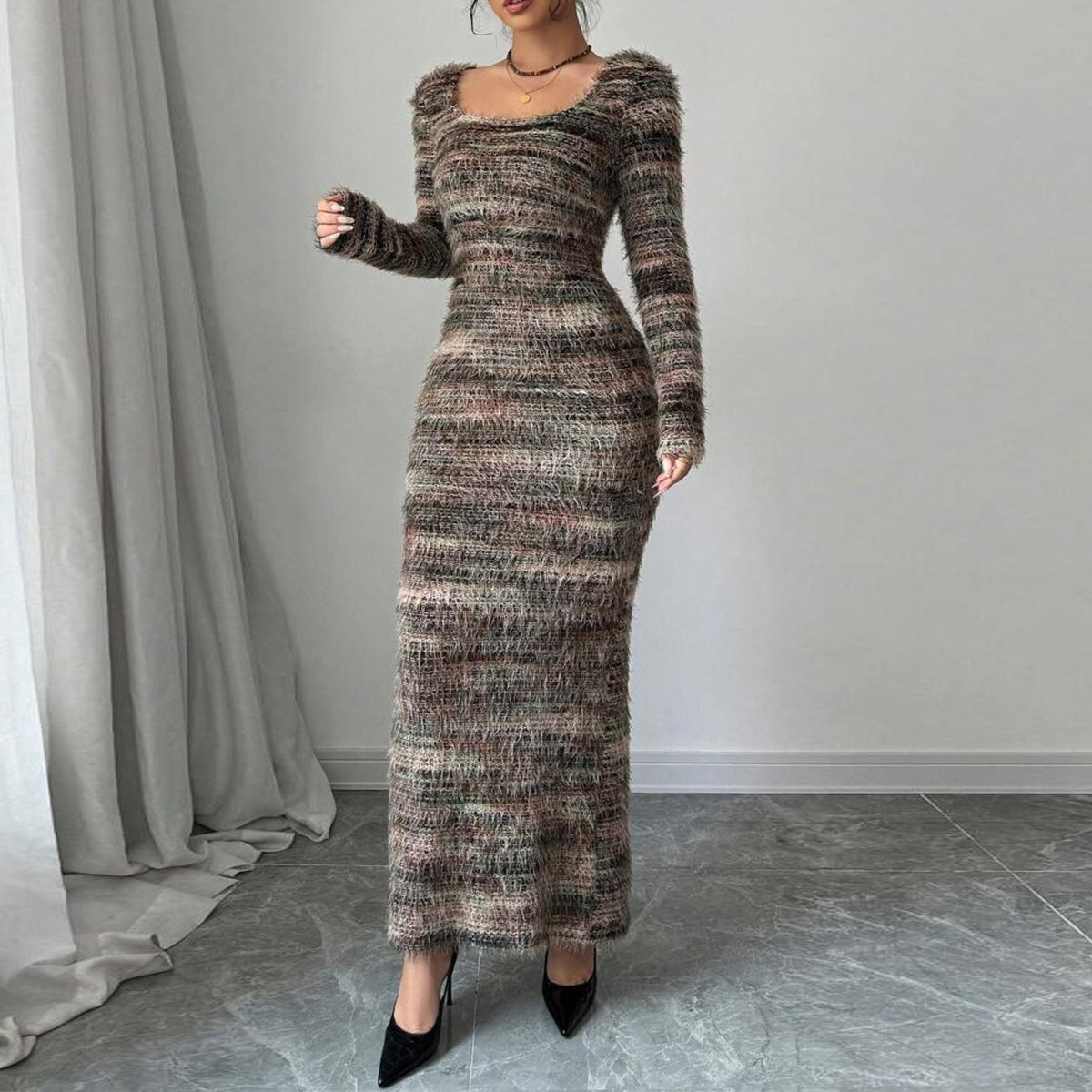 Autumn Slim Fit Slit round Neck Yarn Dyed Dress for Women