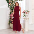 Spring Summer Stand Collar Sleeveless Elegant Chiffon Evening Dress Back Zipper Double Slit Large A Swing Full Slip Dress